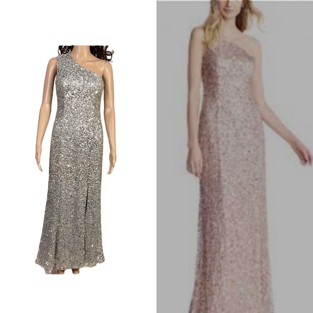 NEW Adriana Papell silver one shoulder crunchy beads sequins maxi gown dress 4